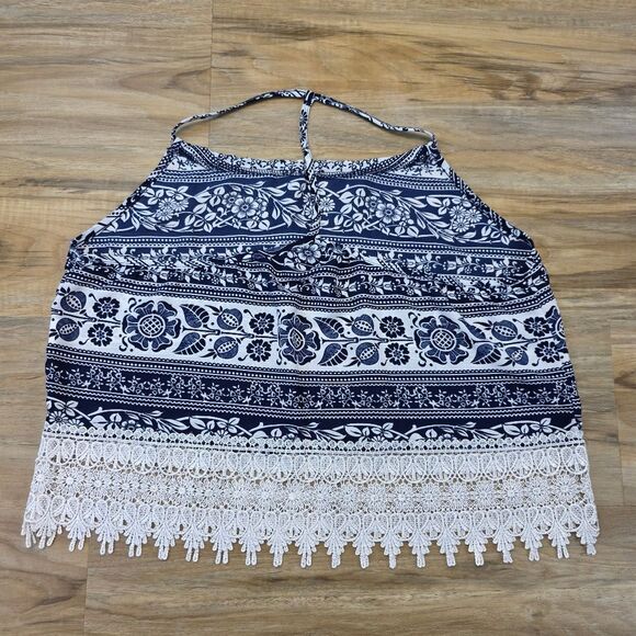 💛PacSun Blue & White Floral Print Lace Lined Sleeveless Top Small - Picture 2 of 10